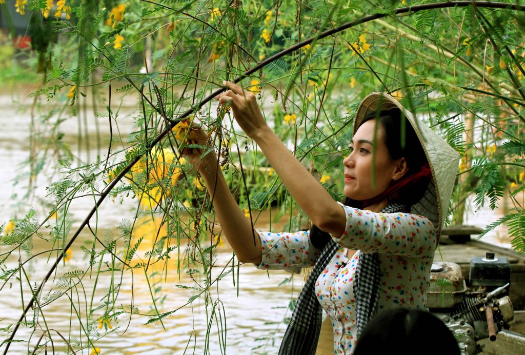 Mùa nước nổi Hồng Ngự Đồng Tháp với xuồng ba lá và bông điên điển
